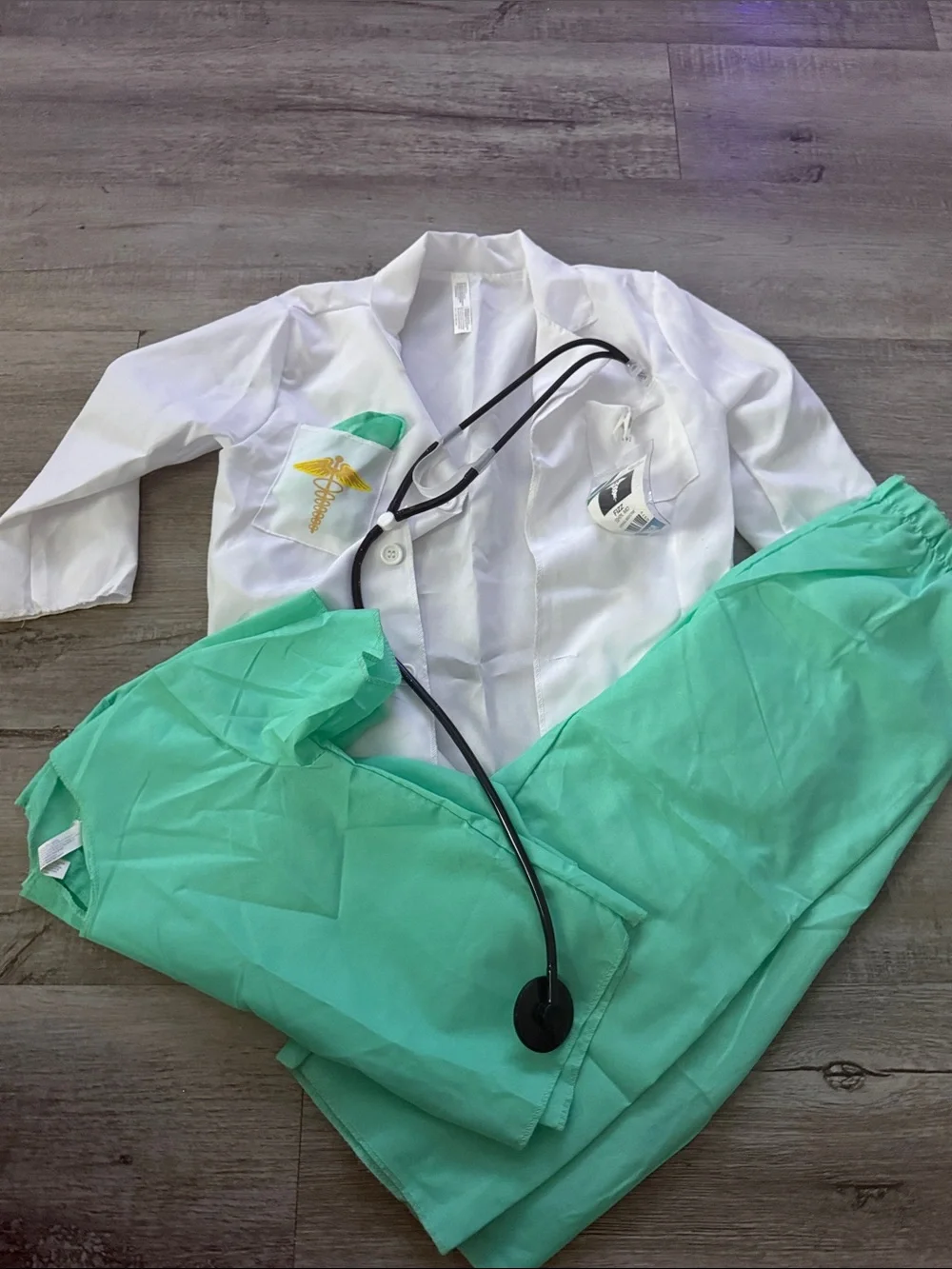 Kids White Doctor Lab Coat & Green Scrub Pants Costume with Stethoscope